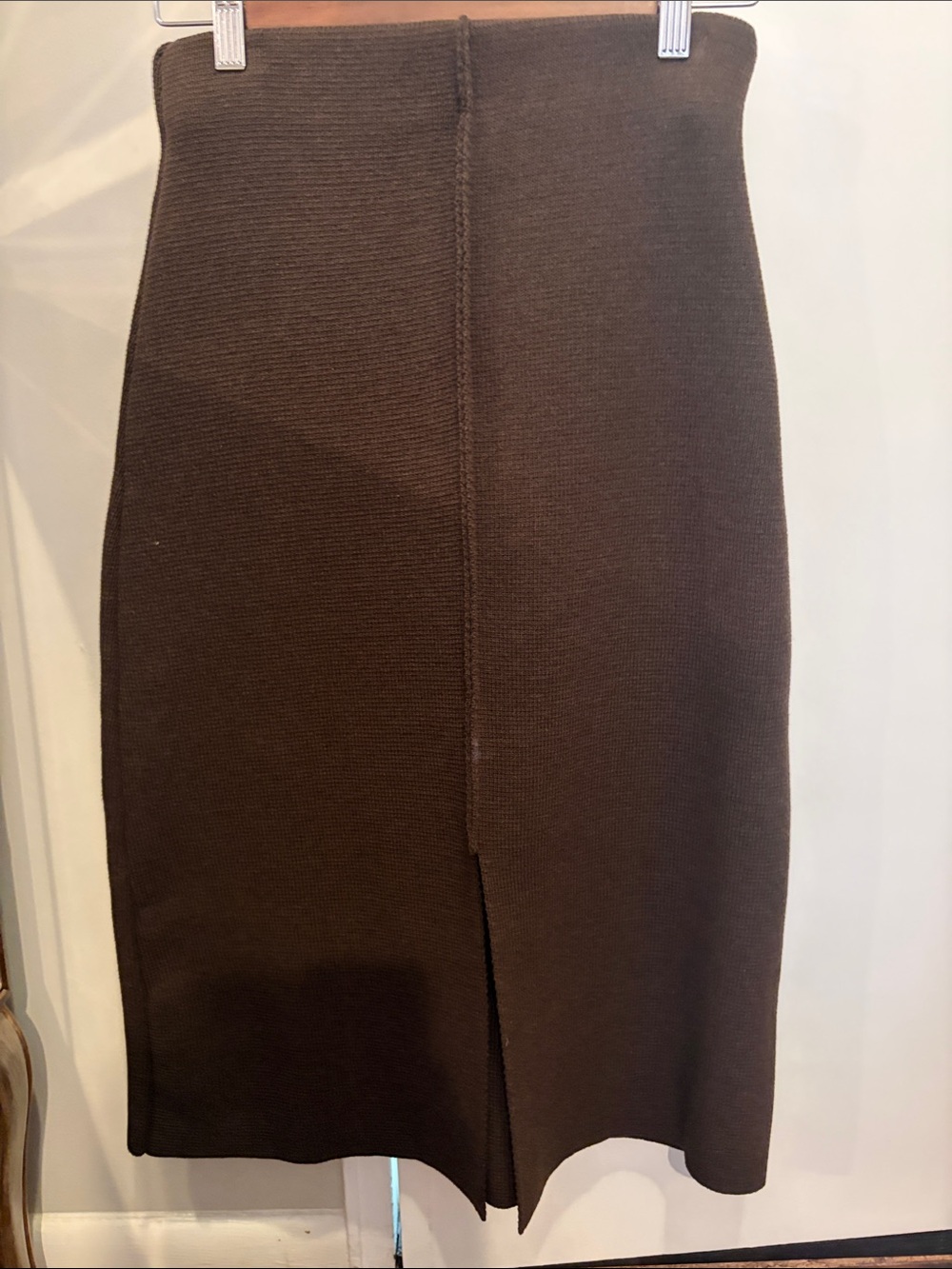 Zara Dark Brown Ribbed Knit Pencil Skirt with Front Slit